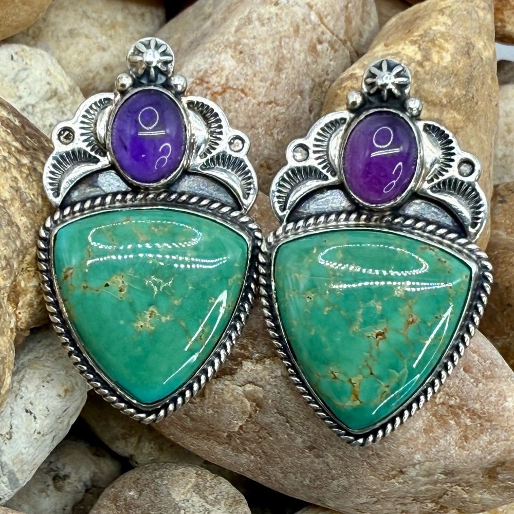 Native American Sterling Silver Turquoise & Amethyst Earrings “Revé” – 22.64g - Picture 10 of 17